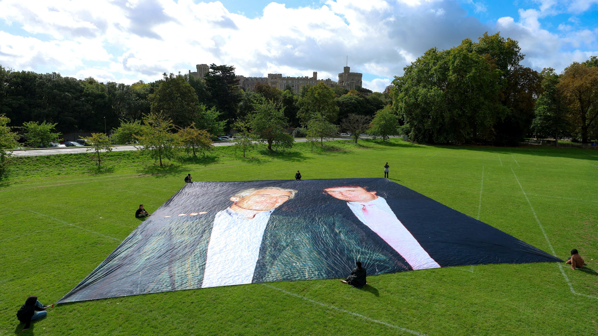 Huge photo of Trump and Epstein unfurled in UK ahead of US state visit